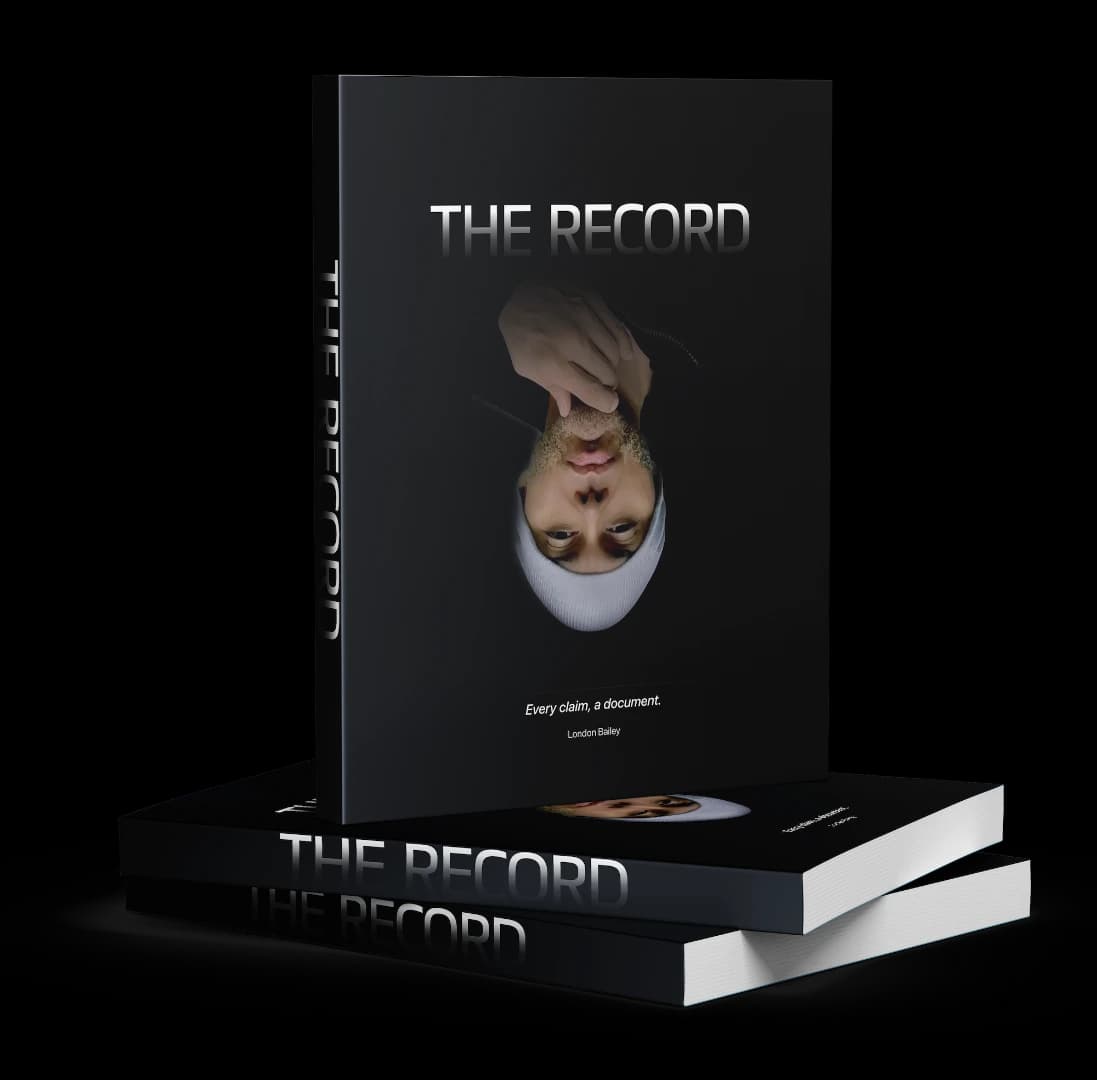 The Record by London Bailey — three copies of the paperback stacked, the top one standing front-on.